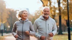 Casal de idosos caminhando para fazer atividade física